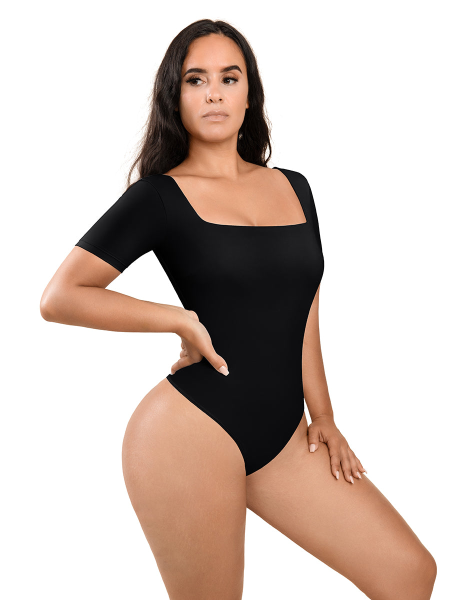 Black Square-Neck Short-Sleeve Tummy Control Shapewear Bodysuit