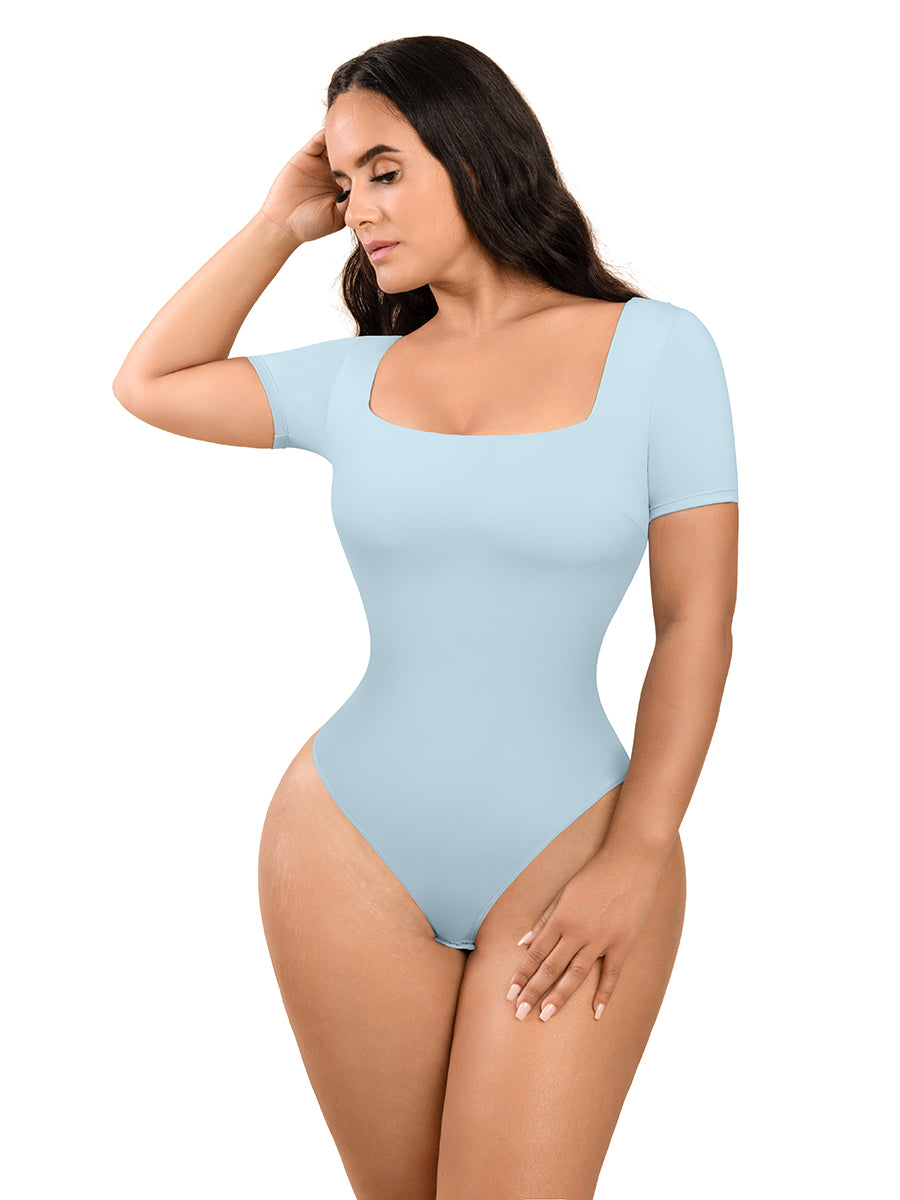 Powder Blue Square-Neck Short-Sleeve Tummy Control Shapewear Bodysuit