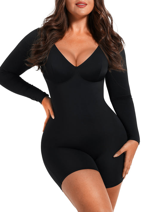 Black Deep V-Neck Shapewear With Slimming Compression and Mid Thigh Shorts