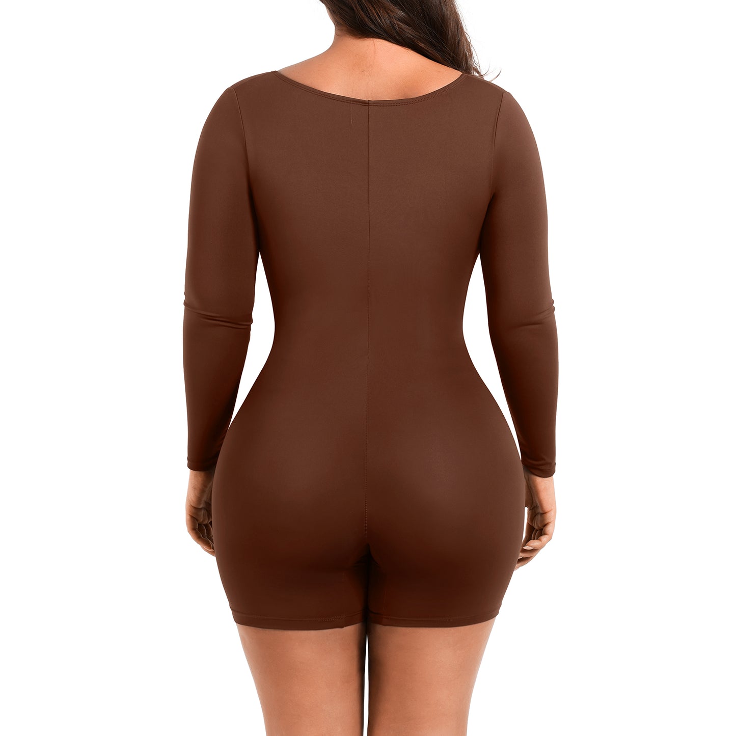 Mocha Deep V-Neck Shapewear With Slimming Compression and Mid Thigh Shorts