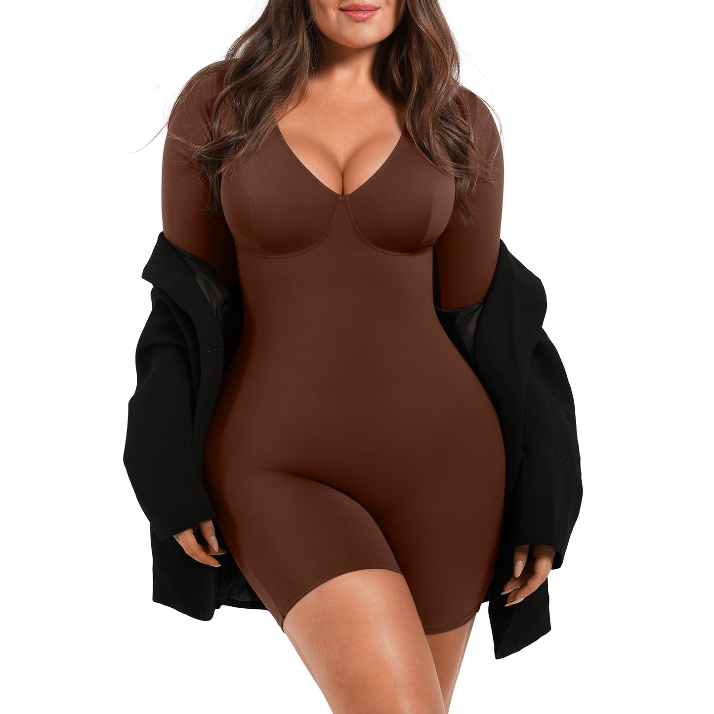 Mocha Deep V-Neck Shapewear With Slimming Compression and Mid Thigh Shorts