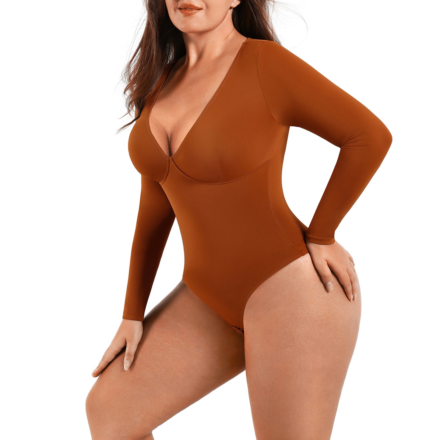 Cinnamon Long Sleeve Deep-V Contoured Control Bodysuit