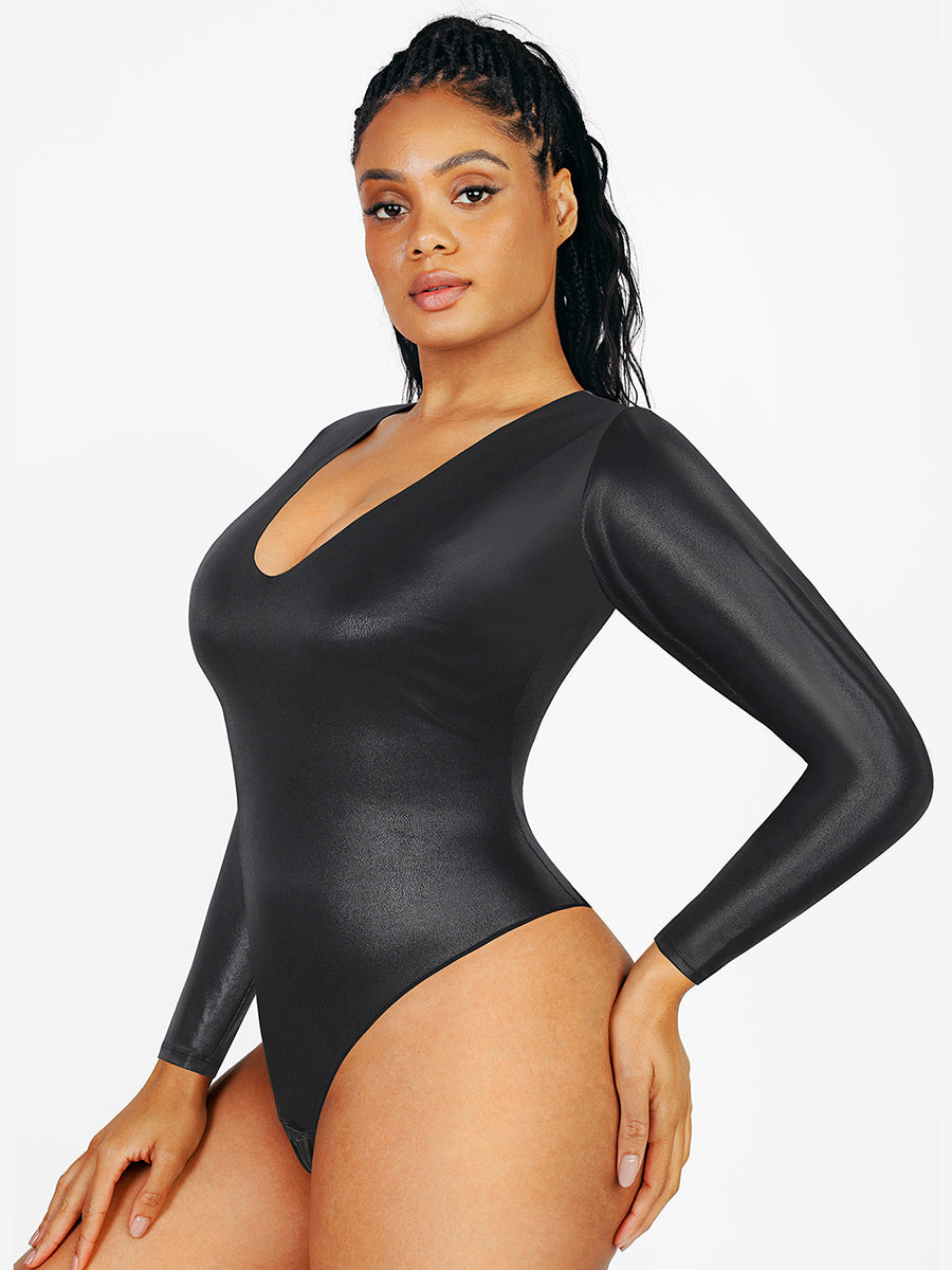Black Vegan Leather Deep-V Long Sleeve Shaping Bodysuit