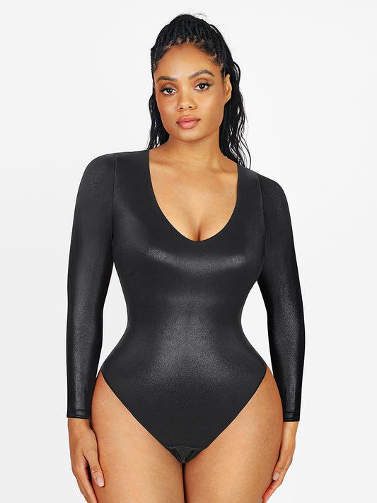 Black Vegan Leather Deep-V Long Sleeve Shaping Bodysuit
