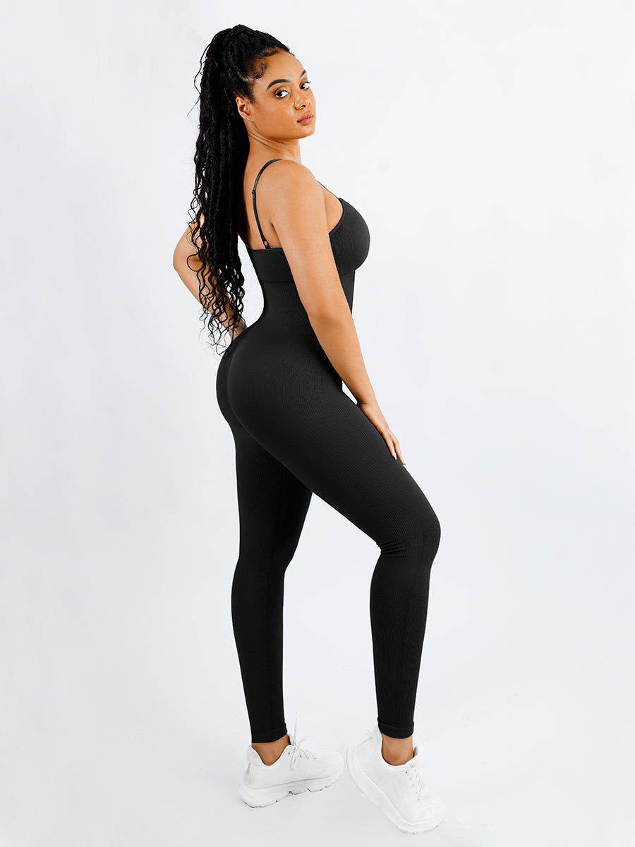 Chic Black Ribbed Shaping Full Jumpsuit